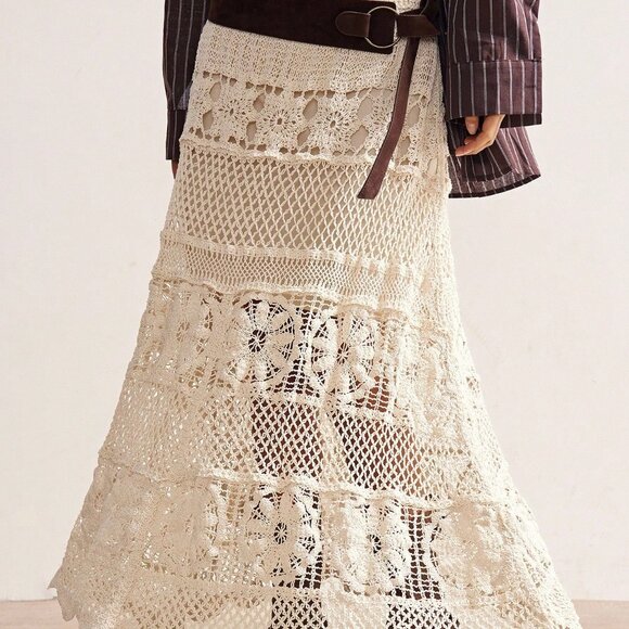 Apricot Casual Women's Boho Vacation Crochet Hollow-Out Sweater Skirt - Picture 3 of 10